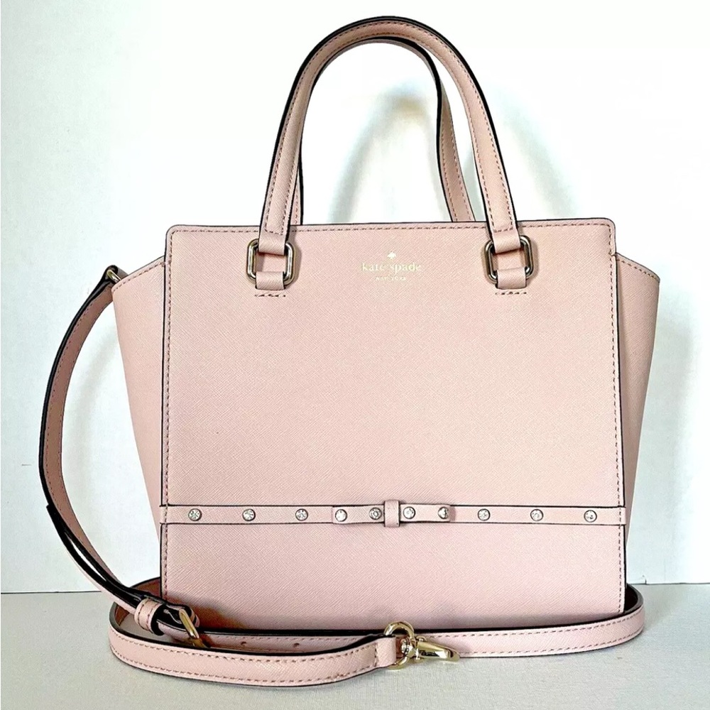 New Kate Spade Small Hadlee Laurel Way Jeweled Saffiano Leather Tote Warm Vellum